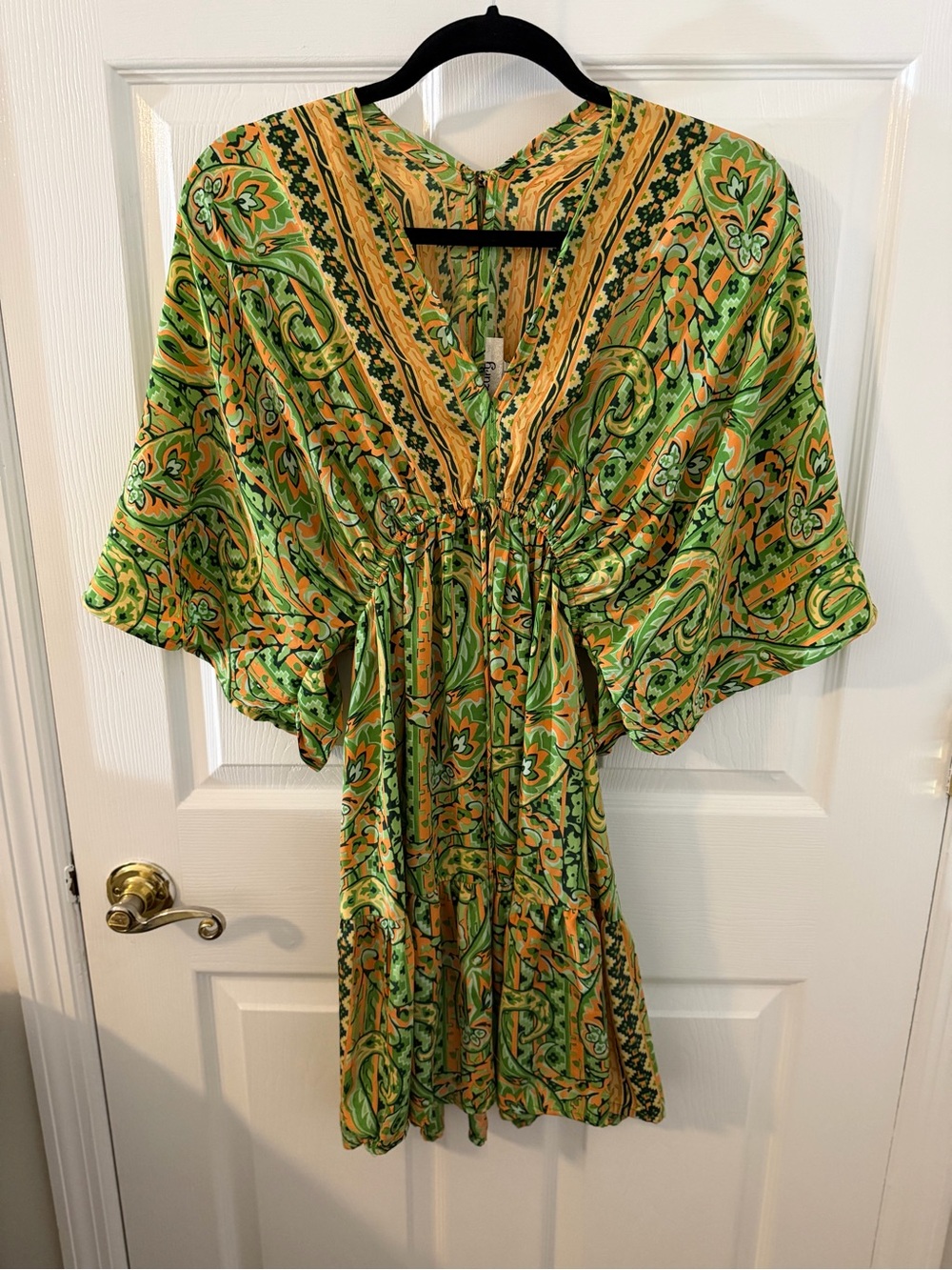 Green & Yellow Paisley Mini Dress with V-Neck